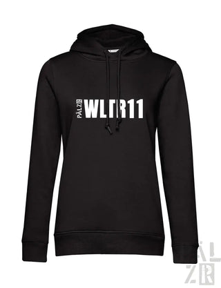 Schwarze Kapuzenjacke mit weißem Text ’wlr11’ und Logo auf der Vorderseite, aus Baumwolle gefertigt.
