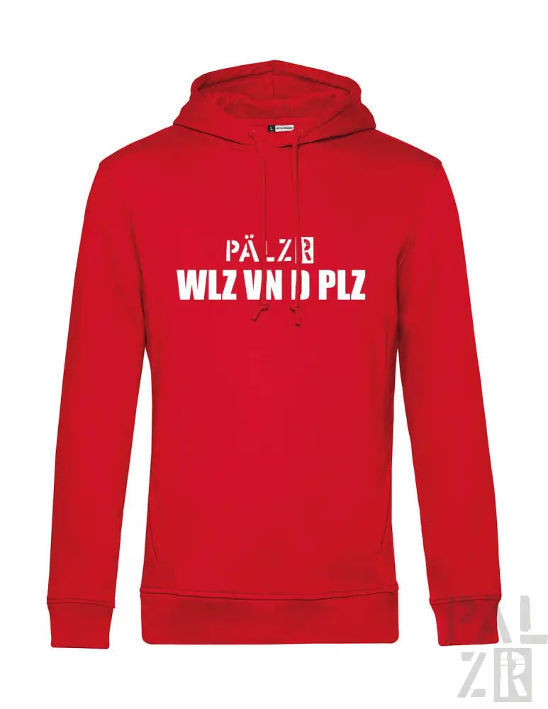Rote Kapuzenjacke mit weißem Textdesign, das ’pälzr wlz vn d plz’ und eine Signatur zeigt.