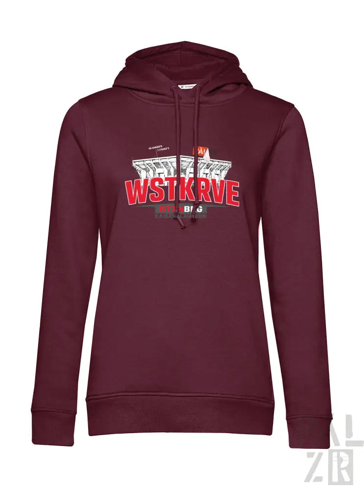Frauen hoodie wstkrve in dunkelrot mit auffälligem rot-weißem grafikdruck aus baumwolle in verschiedenen farben