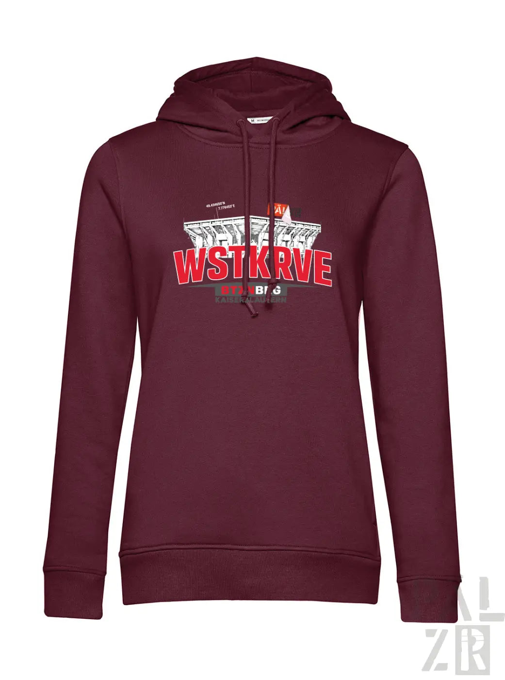 Frauen hoodie wstkrve in dunkelrot mit auffälligem rot-weißem grafikdruck aus baumwolle in verschiedenen farben