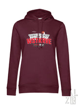 Frauen hoodie wstkrve in dunkelrot mit auffälligem rot-weißem grafikdruck aus baumwolle in verschiedenen farben