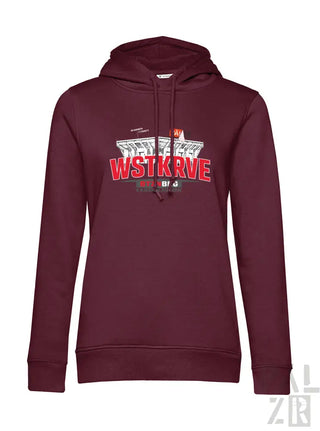 Frauen hoodie wstkrve in dunkelrot mit auffälligem rot-weißem grafikdruck aus baumwolle in verschiedenen farben