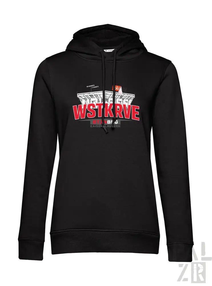 Schwarzer frauen hoodie wstkrve mit rotem und weißem print wstkrv text und gebäudeillustration auf der brust