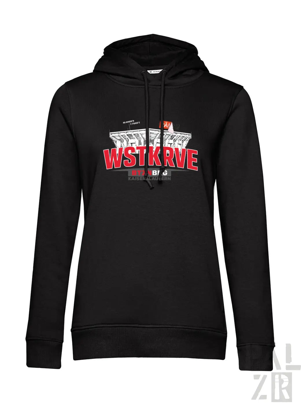 Schwarzer frauen hoodie wstkrve mit rotem und weißem print wstkrv text und gebäudeillustration auf der brust