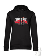 Schwarzer frauen hoodie wstkrve mit rotem und weißem print wstkrv text und gebäudeillustration auf der brust