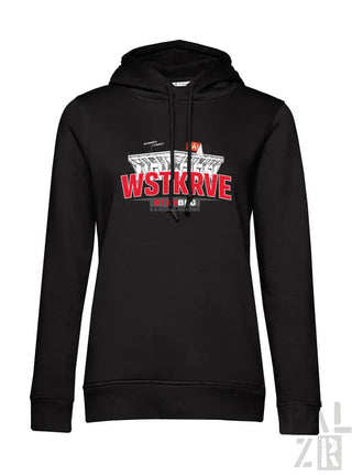 Schwarzer frauen hoodie wstkrve mit rotem und weißem print wstkrv text und gebäudeillustration auf der brust