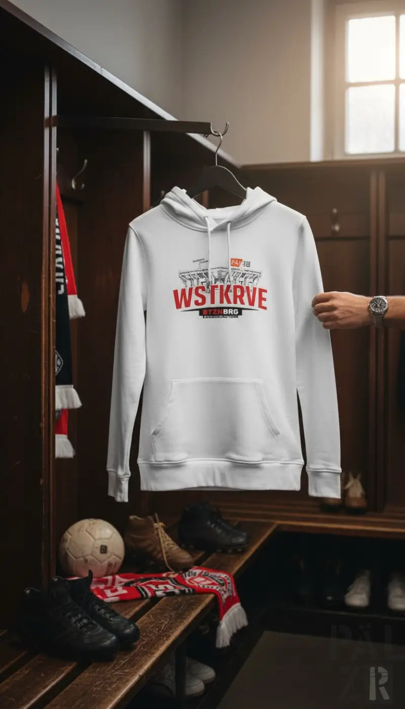 Weißer frauen hoodie mit rotem und schwarzem wstkrve grafikdesign hängt in einer umkleide