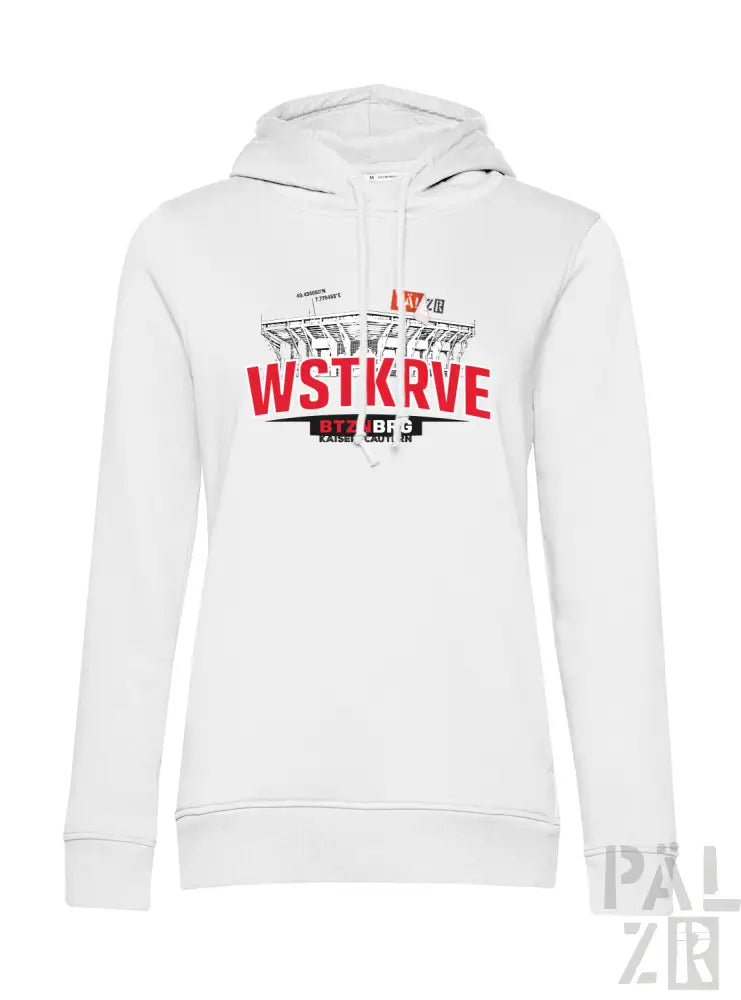 Weißer frauen hoodie wstkrove mit markantem rot schwarzem stadion grafikdruck auf der brust in verschiedenen farben