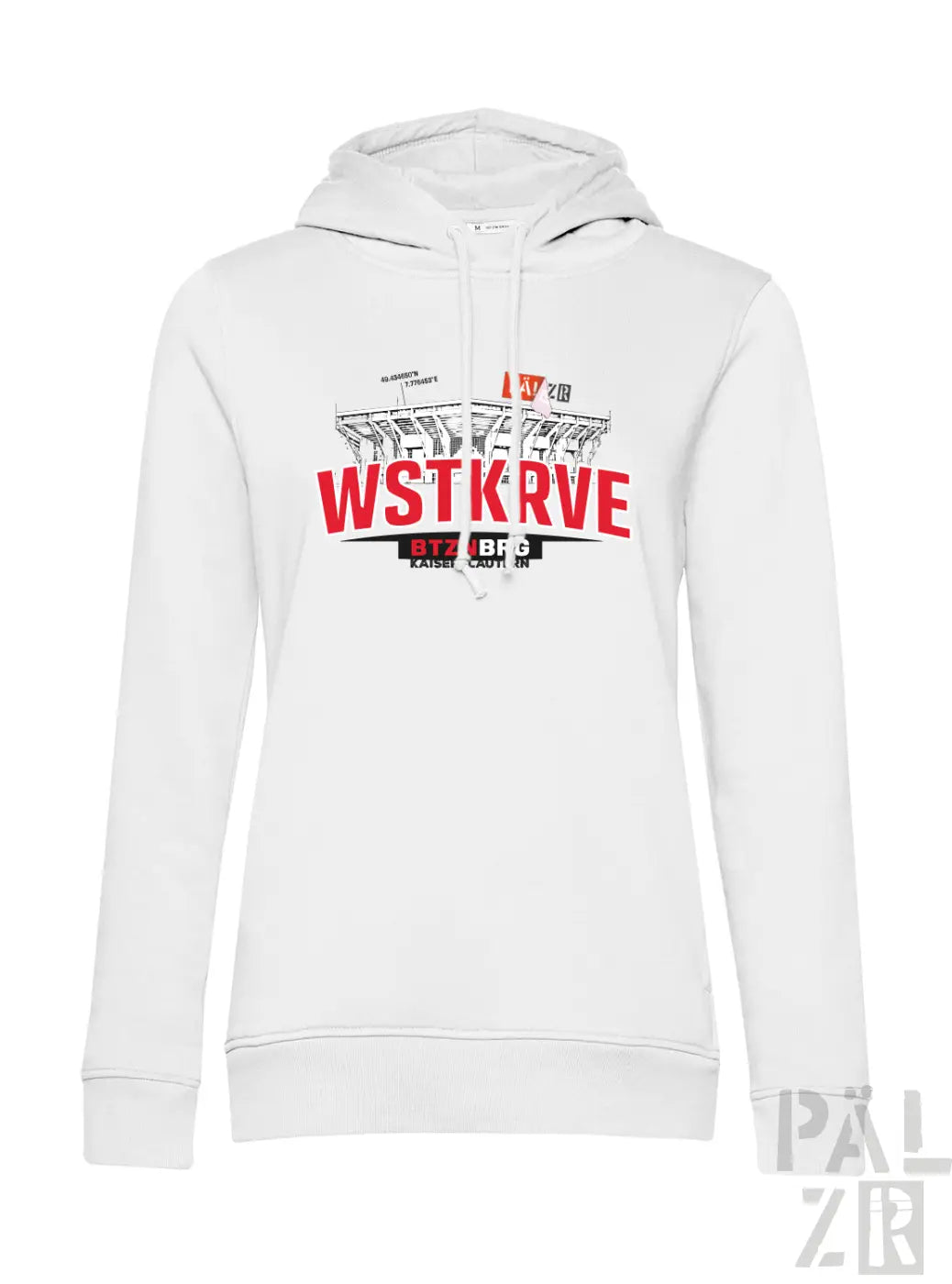Weißer frauen hoodie wstkrove mit markantem rot schwarzem stadion grafikdruck auf der brust in verschiedenen farben