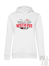 Weißer frauen hoodie wstkrove mit markantem rot schwarzem stadion grafikdruck auf der brust in verschiedenen farben