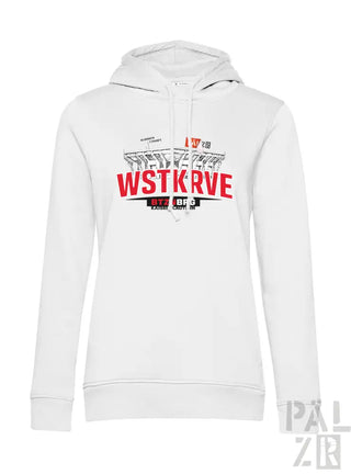 Weißer frauen hoodie wstkrove mit markantem rot schwarzem stadion grafikdruck auf der brust in verschiedenen farben