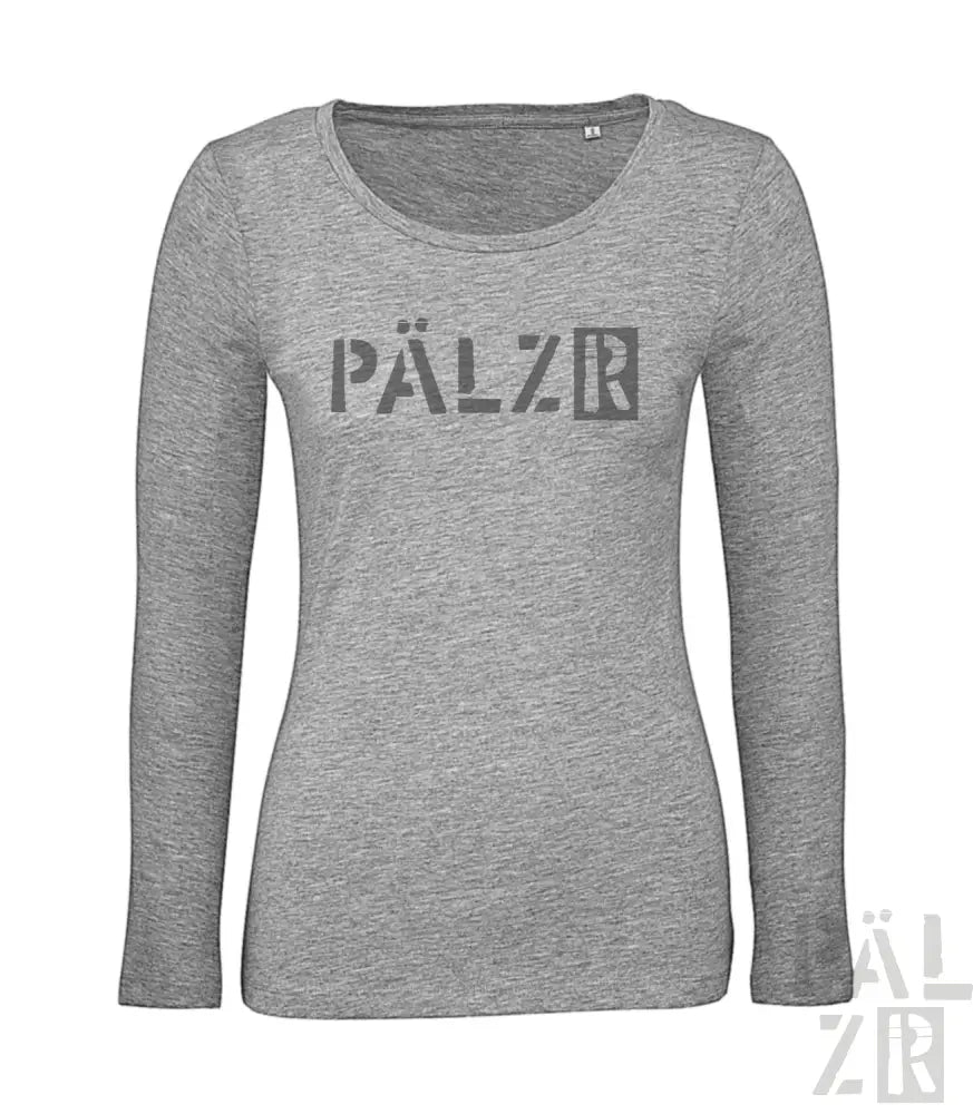Hellgraues Langarm-T-Shirt mit ’pälzr’-Logodesign.