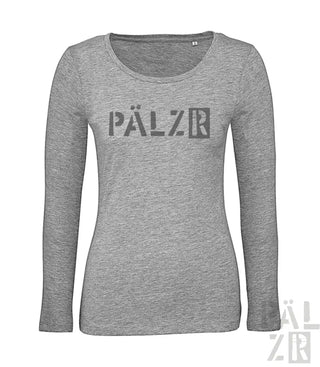 Hellgraues Langarm-T-Shirt mit ’pälzr’-Logodesign.