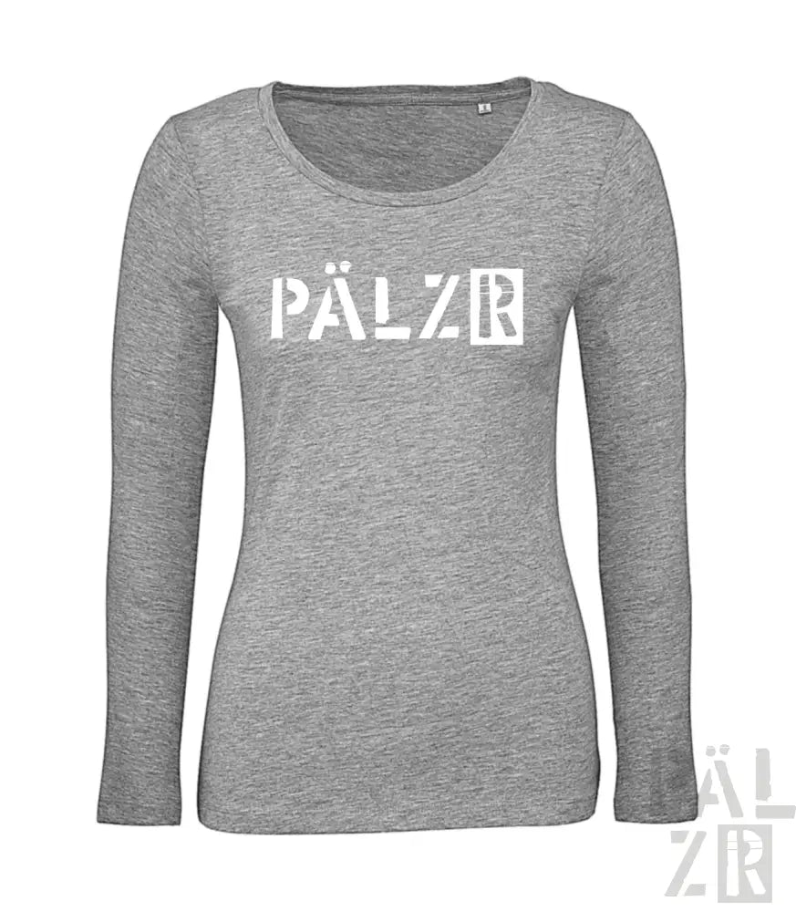 Graues Langarm-T-Shirt mit ’pälzr’ Textdesign.
