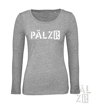 Graues Langarm-T-Shirt mit ’pälzr’ Textdesign.