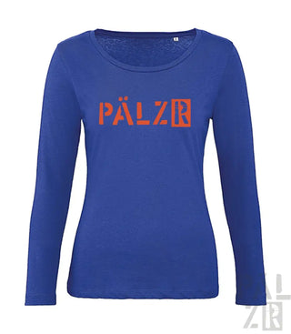 Königsblaues Langarm-T-Shirt mit ’pälzr’ in Orange, strukturiertes Druckdesign.