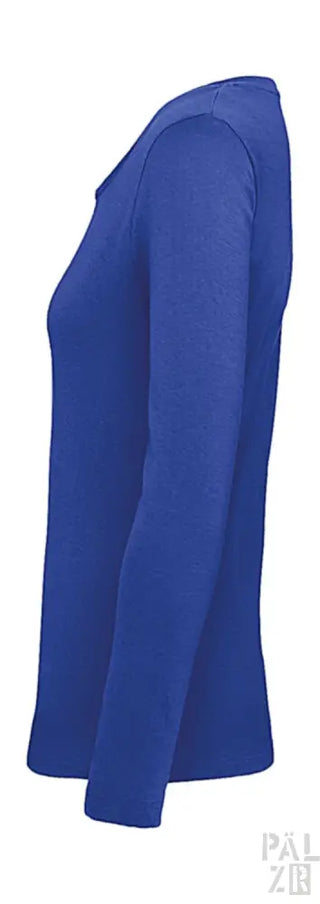 Königsblaues Langarm-T-Shirt mit V-Ausschnitt-Design und gerippten Bündchen.