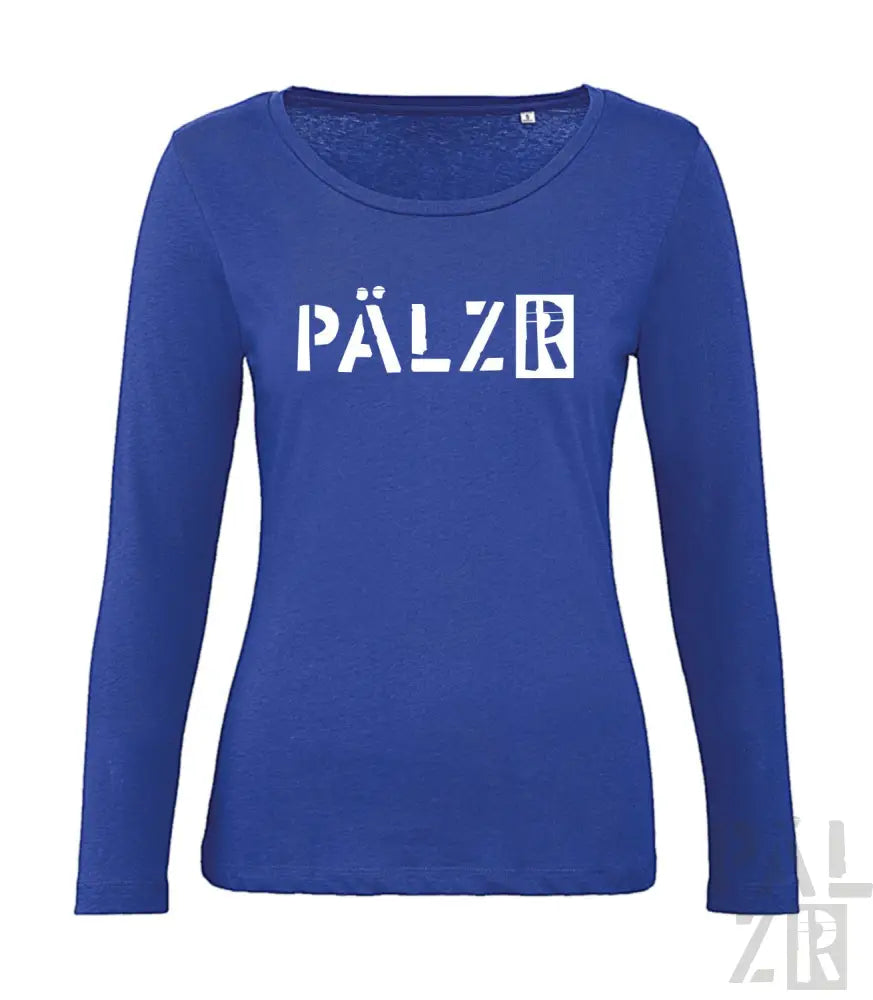 Königsblaues Langarm-T-Shirt mit ’pälzr’ Textdesign.