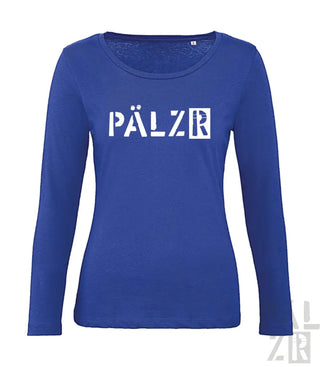 Königsblaues Langarm-T-Shirt mit ’pälzr’ Textdesign.