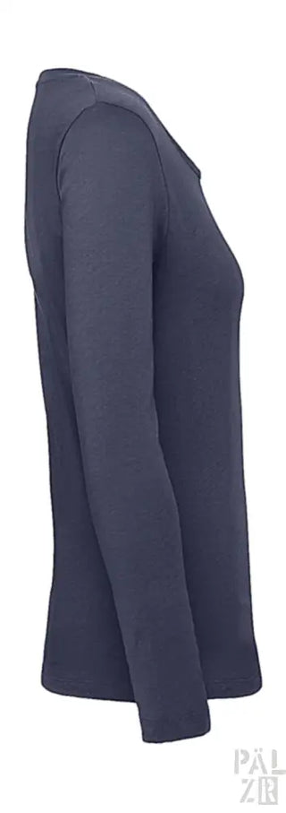 Marineblaues Langarm-T-Shirt mit gerippten Bündchen und Saum, aus dehnbarer Stoff.