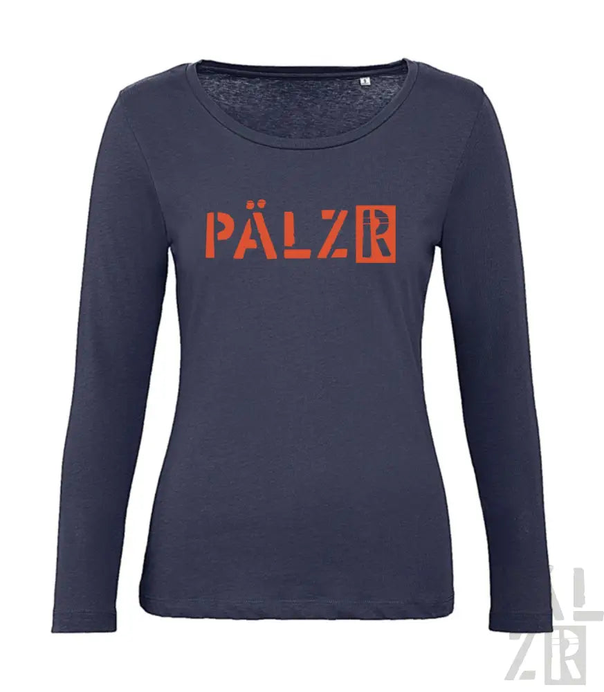 Marineblaues Langarmhemd mit ’pälzr’-Logo in Orange und Weiß.