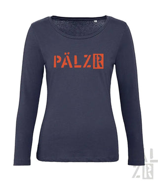 Marineblaues Langarmhemd mit ’pälzr’-Logo in Orange und Weiß.