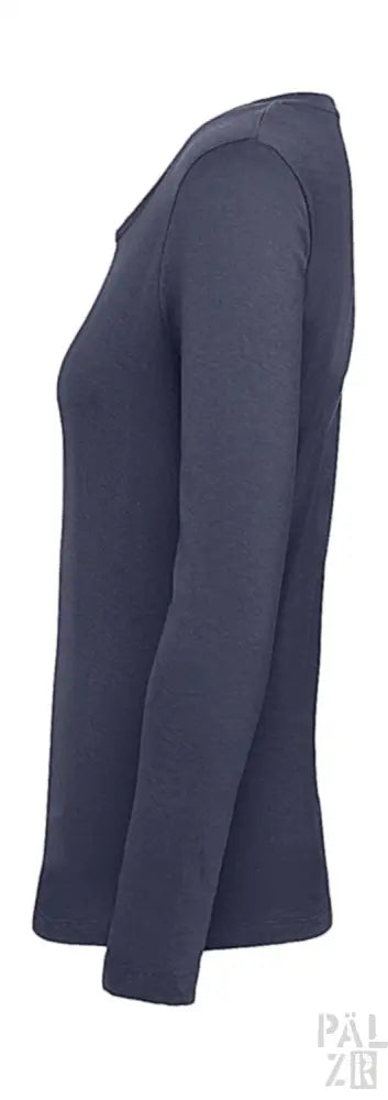 Marineblaues Langarm-T-Shirt mit geripptem Ausschnitt und Bündchen, aus dehnbarer Stoff gefertigt.