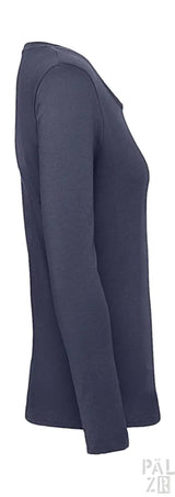 Marineblaues Langarm-T-Shirt mit gerippten Bündchen und Saum, aus dehnbarer Stoff.