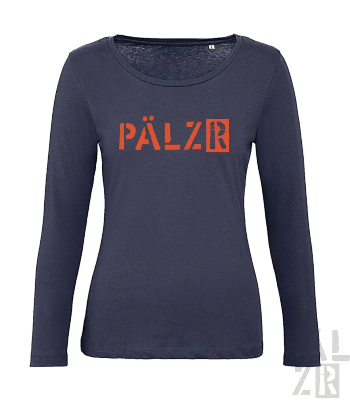 Marineblaues Langarmhemd mit ’pälzr’-Logo in Orange und Weiß.