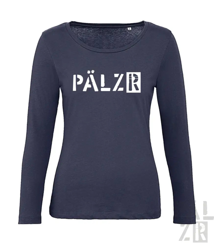 Marineblaues Langarm-T-Shirt mit weißem Text ’pälzr’, geripptem Ausschnitt und entspannter Passform.