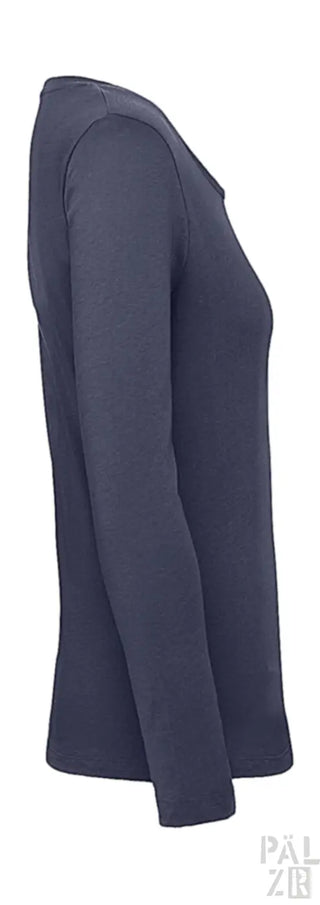 Marineblaues Langarm-T-Shirt mit gerippten Bündchen und Saum, aus dehnbarer Stoffe.