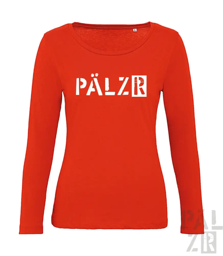 Rotes langärmliges Shirt mit ’pälzr’ Textdesign.