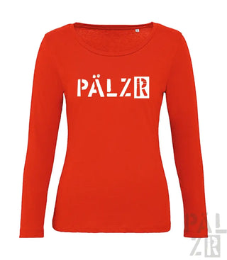 Rotes langärmliges Shirt mit ’pälzr’ Textdesign.
