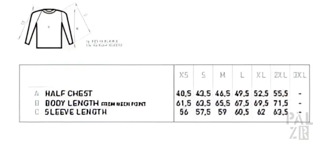 Langärmliges schwarzes T-Shirt mit weißem Text und Design, Größentabelle auf dem Etikett enthalten.