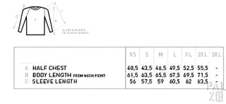 Langärmliges schwarzes T-Shirt mit weißem Text und Design, Größentabelle auf dem Etikett enthalten.