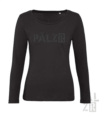 Schwarzes Langarmshirt mit ’palzir’-Logodesign, aus Baumwolle gefertigt.