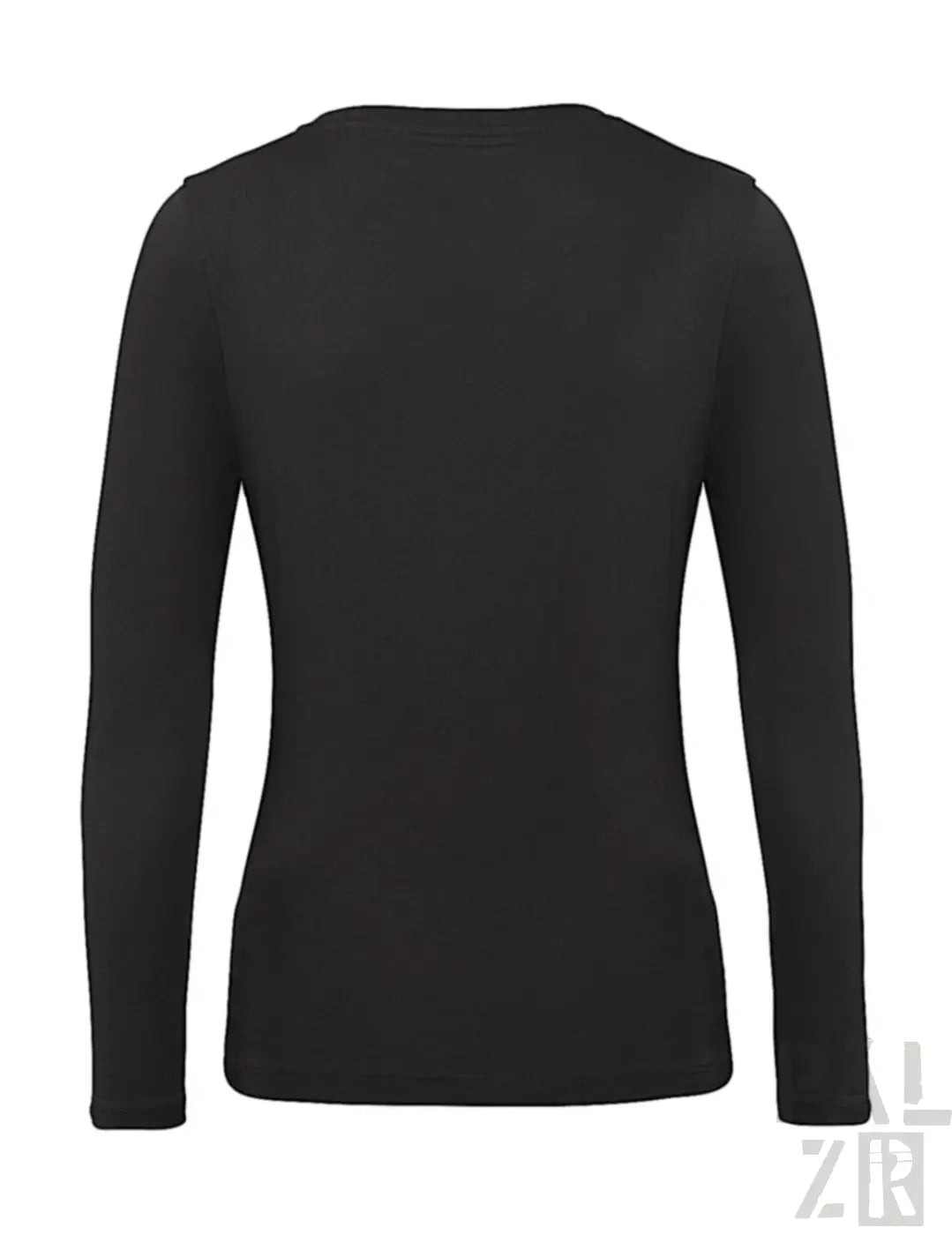 Schwarzes langärmliges V-Ausschnitt-T-Shirt mit gerippten Bündchen und Saum, wahrscheinlich aus Baumwolle oder Polyester-Mischung gefertigt.