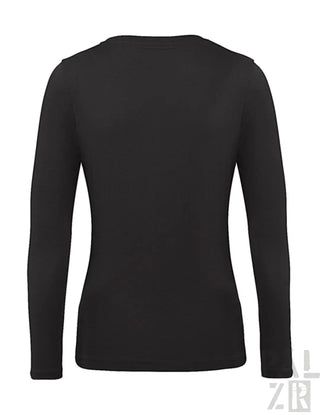 Schwarzes langärmliges V-Ausschnitt-T-Shirt mit gerippten Bündchen und Saum, wahrscheinlich aus Baumwolle oder Polyester-Mischung gefertigt.
