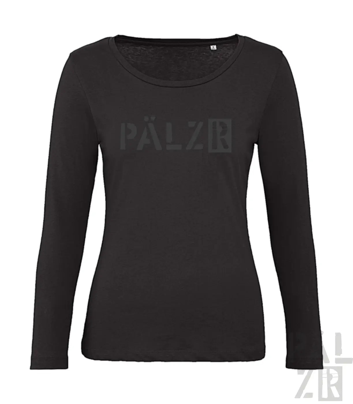 Schwarzes Langarmshirt mit ’palzir’-Logodesign, aus Baumwolle gefertigt.