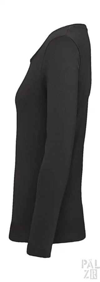 Schwarzes langärmliges V-Ausschnitt-T-Shirt mit gerippten Bündchen und Saum, aus Baumwolle gefertigt.