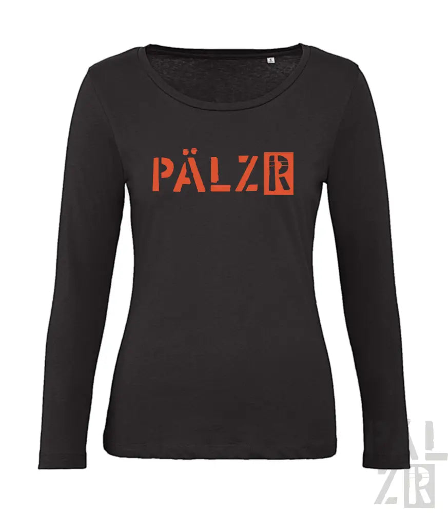 Schwarzes Langarmshirt mit orange ’pälzr’ Textdesign.