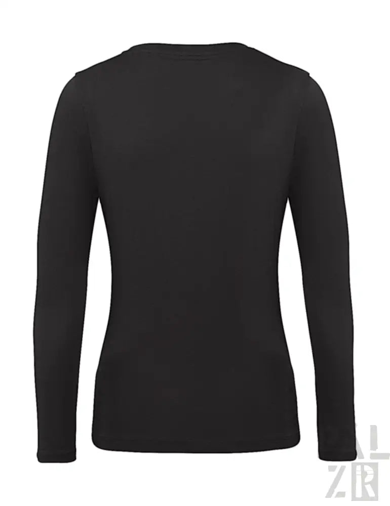 Schwarzes langärmliges V-Ausschnitt-T-Shirt mit gerippten Bündchen und Saum, wahrscheinlich aus Baumwolle oder Polyester-Mischung.