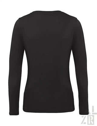 Schwarzes langärmliges V-Ausschnitt-T-Shirt mit gerippten Bündchen und Saum, wahrscheinlich aus Baumwolle oder Polyester-Mischung.