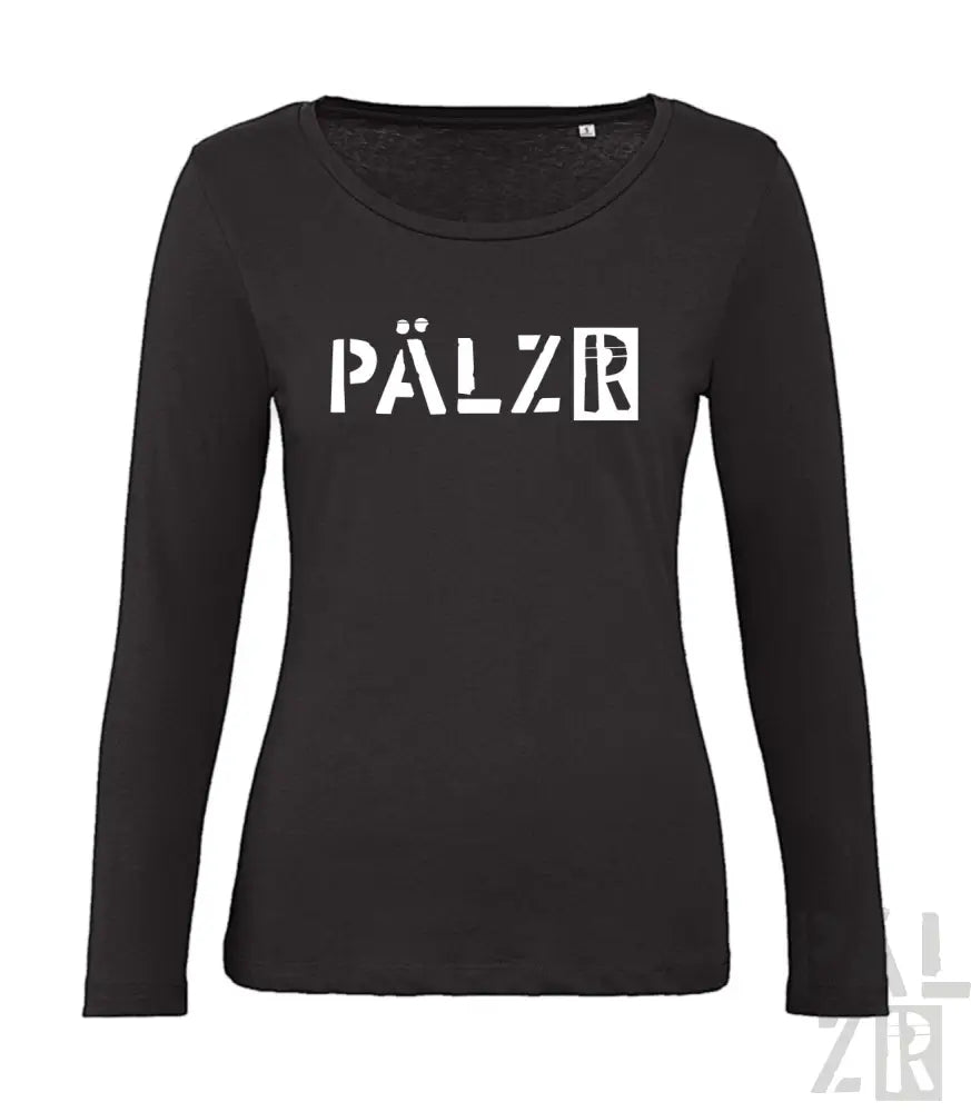 Schwarzes Langarmshirt mit ’pälzr’ Textdesign, aus Baumwolle.
