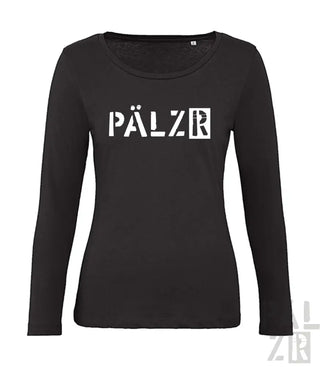 Schwarzes Langarmshirt mit ’pälzr’ Textdesign, aus Baumwolle.