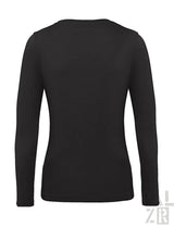 Schwarzes langärmliges V-Ausschnitt-T-Shirt mit gerippten Bündchen und Saum, wahrscheinlich aus Baumwolle oder Polyester-Mischung.