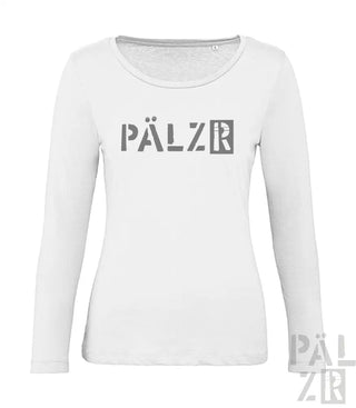 Weißes langärmliges T-Shirt mit ’pälzr’ in Grau auf der Vorderseite gedruckt.