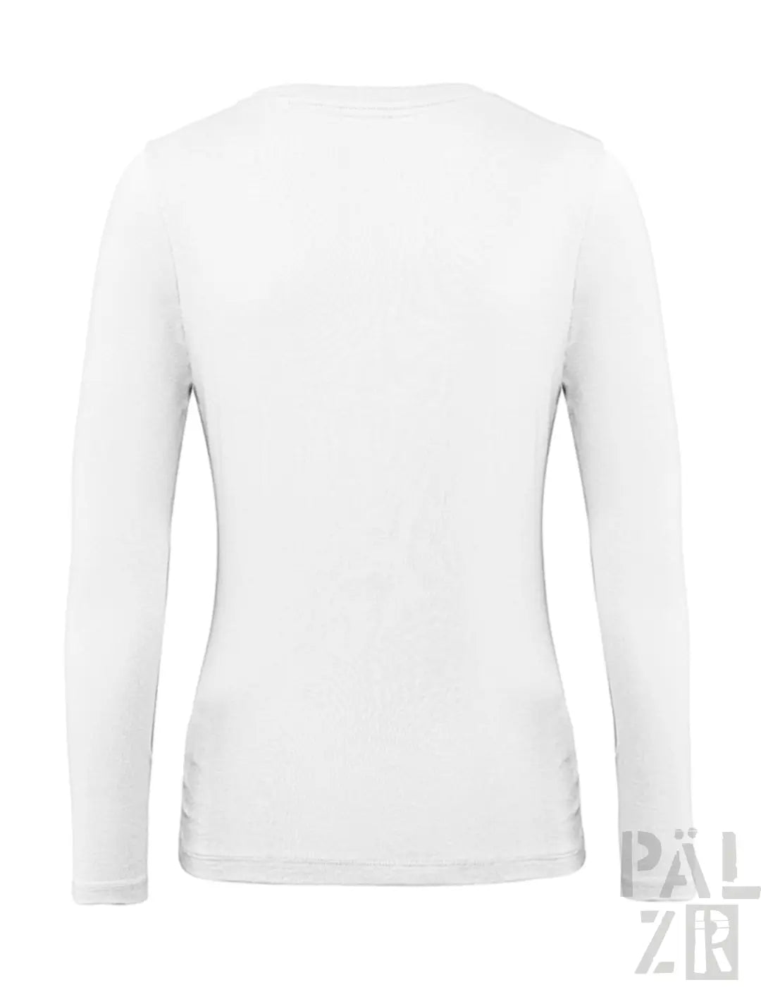 Weißes langärmeliges T-Shirt mit V-Ausschnitt und gerippten Bündchen.