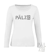 Weißes langärmliges T-Shirt mit ’pälzr’ in Grau auf der Vorderseite gedruckt.