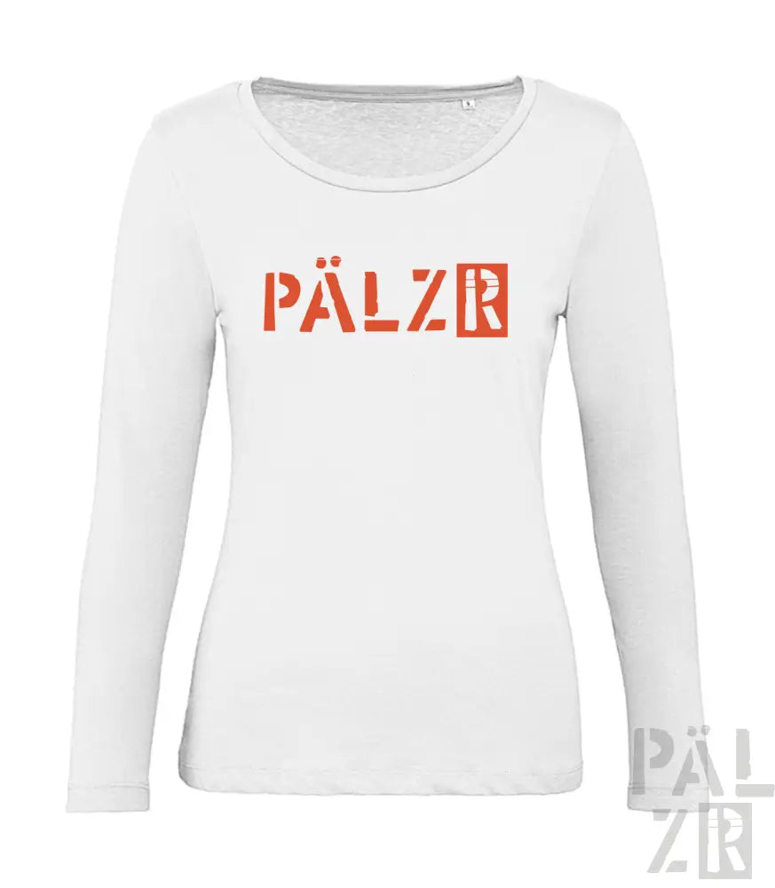 Weißes langärmeliges T-Shirt mit ’pälzr’ Logo in Orange und Schwarz.